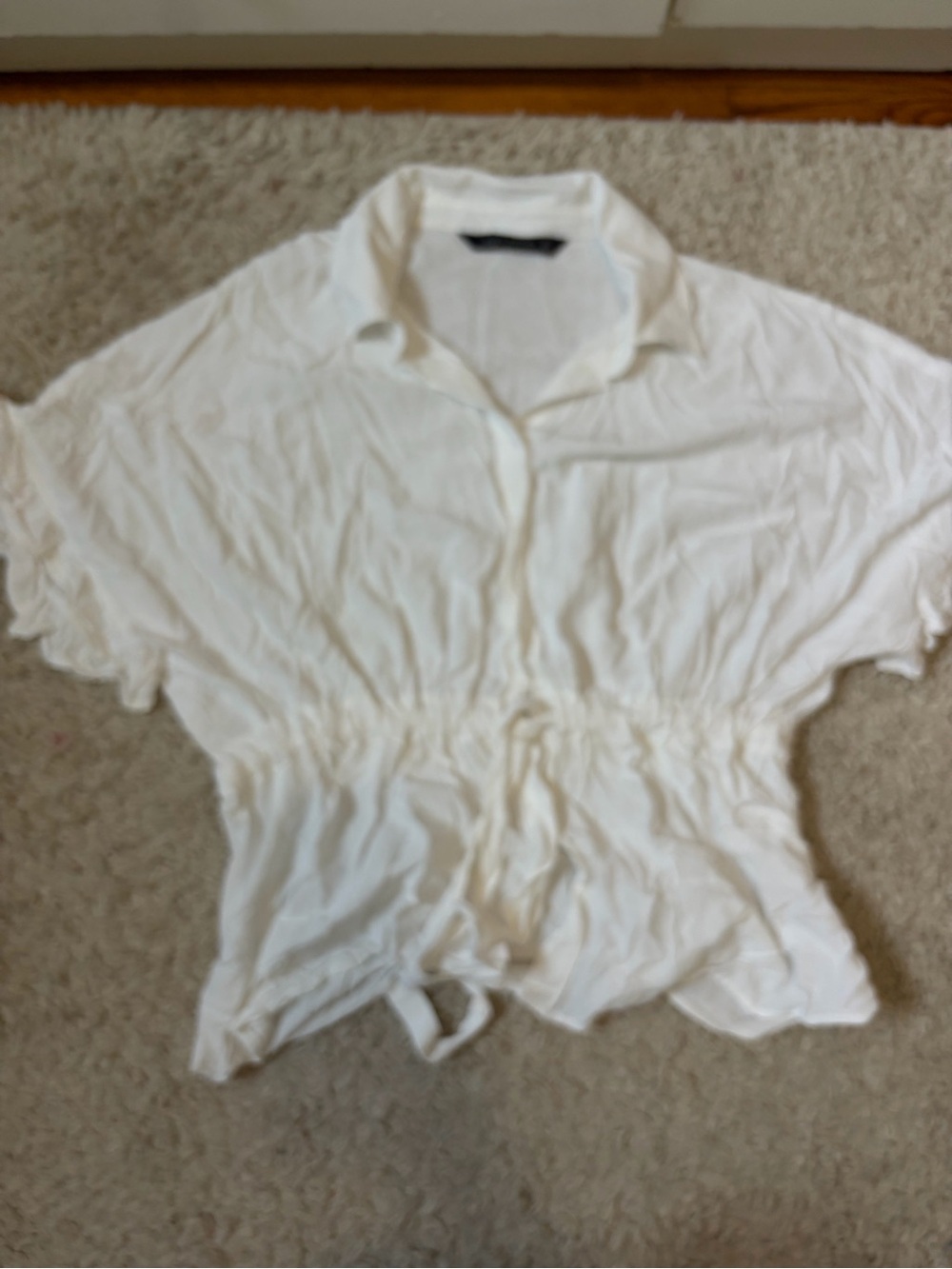 Zara Cream Button-Up Drawstring Waist Blouse